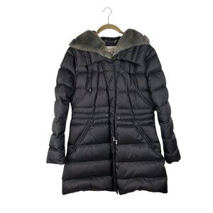 Laundry by Shelli Segal Hooded Down Puffer Coat Gray Fur Trim Womens Large